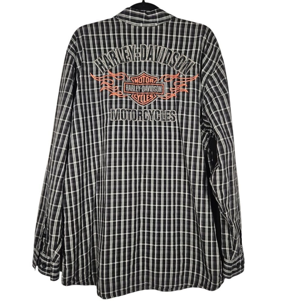 HARLEY DAVIDSON Shirt Mens 2XL Plaid‎ Embroidered Patch Logo Long Sleeve Button